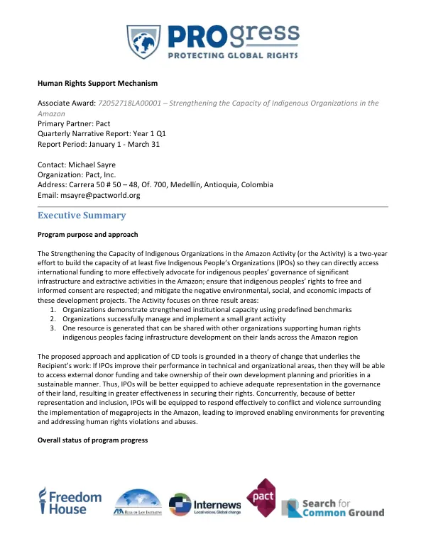 Human Rights Support Mechanism Quarterly Narrative Report: Year 1 Q1