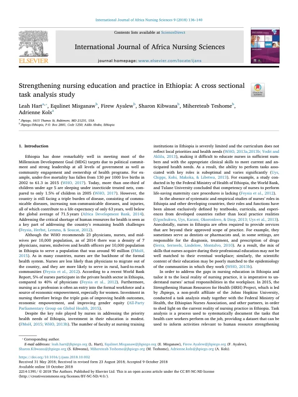 Strengthening nursing education and practice in Ethiopia: A cross sectional task analysis study