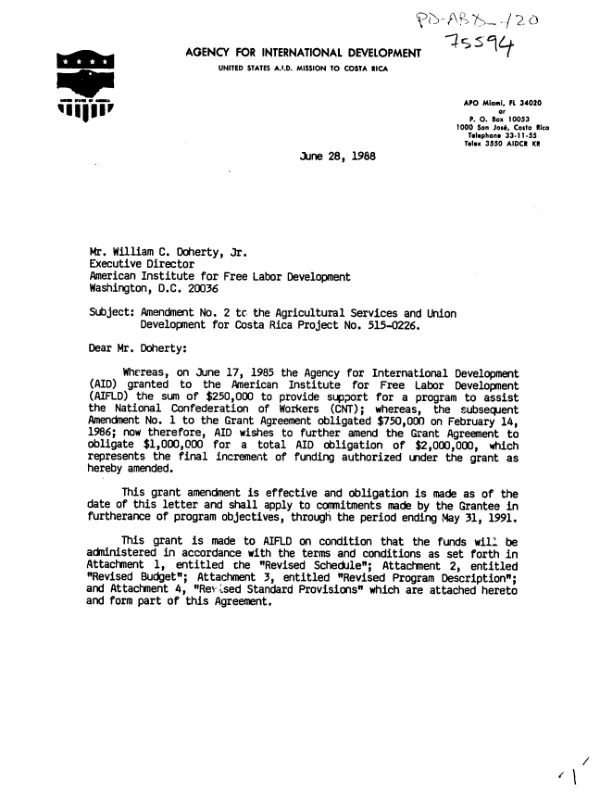 AID grant amendment no. 2 to the American Institute of Free Labor Development (AIFLD) for the agricultural services and union development for Costa Rica project no. 515-0226