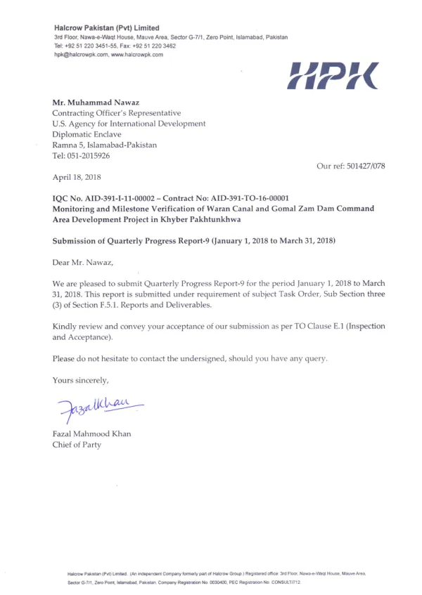Quarterly Progress Report Q 9 (January-March), 2018: A-E Services for Monitoring and Milestone Verification of USAID-Funded Waran Canal and Gomal Zam Dam Command Area Development Project in Khyber Pakhtunkhwa