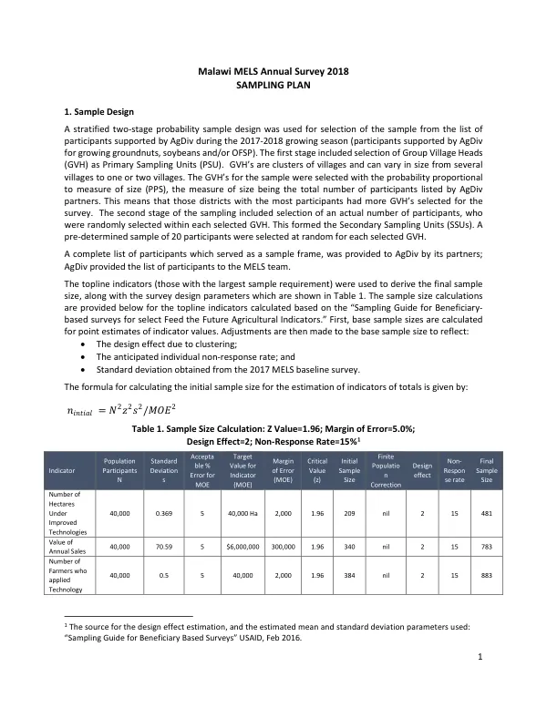 MELS Annual Survey Sampling Plan 2018