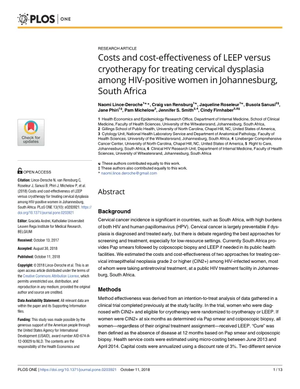 Costs and cost-effectiveness of LEEP versus cryotherapy for treating cervical dysplasia among HIV-positive women in Johannesburg, South Africa