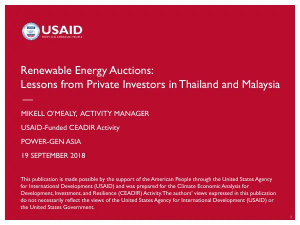 Renewable Energy Auctions: Lessons from Private Investors in Thailand and Malaysia