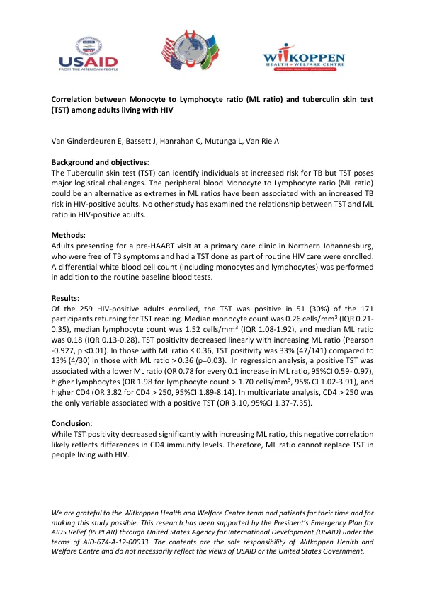 Correlation between Monocyte to Lymphocyte ratio (ML ratio) and tuberculin skin test (TST) among adults living with HIV