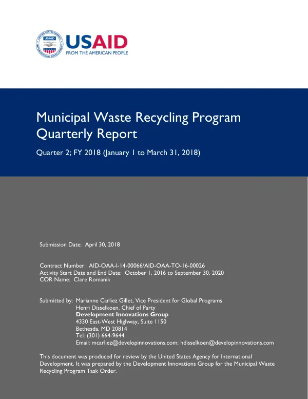 Municipal Waste Recycling Program Quarterly Report – Quarter 2; FY 2018