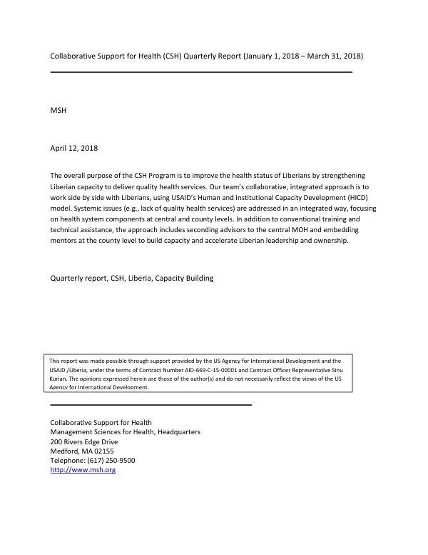 Collaborative Support for Health Quarterly Report (January 1, 2018 – March 31, 2018)