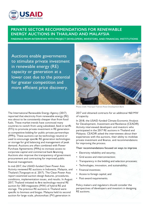 Private Sector Recommendations for Renewable Energy Auctions in Thailand and Malaysia