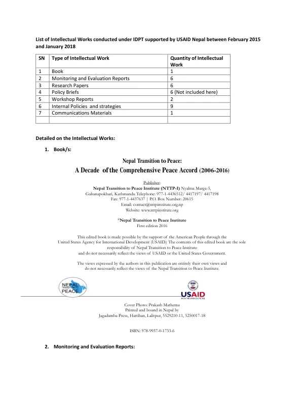 List of Intellectual Works conducted under IDPT supported by USAID Nepal between February 2015 and January 2018