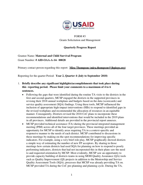 Quarterly Progress Report: Maternal and Child Survival Program