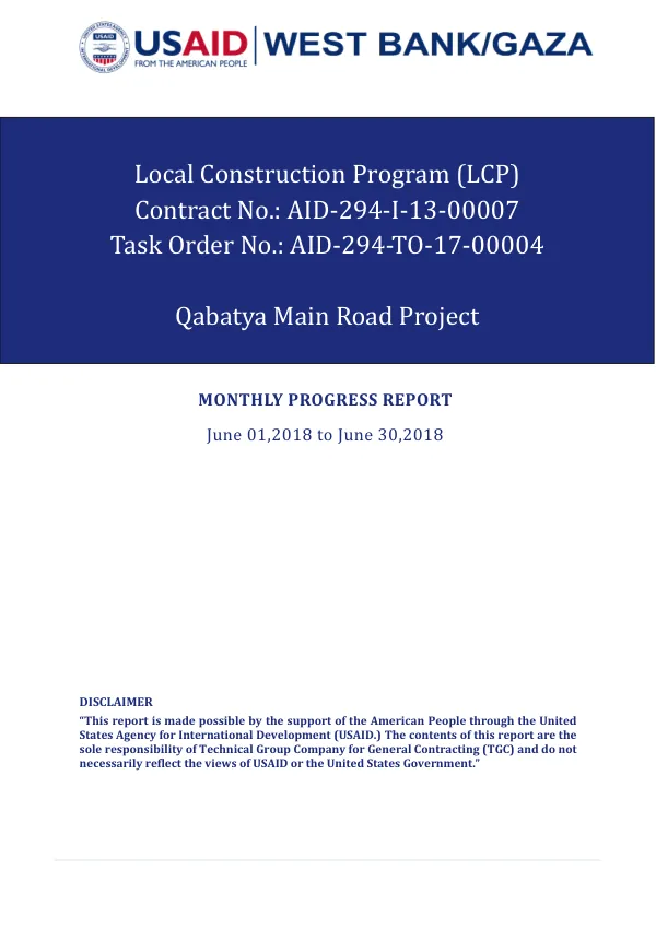 Monthly Progress Report-MPR-17-00004- Qabatya Main Road Project –June 2018