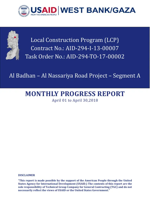 Monthly Progress Report -17-00002- Al Badhan – Al Nassariya Road Project – Seg. A – April 2018