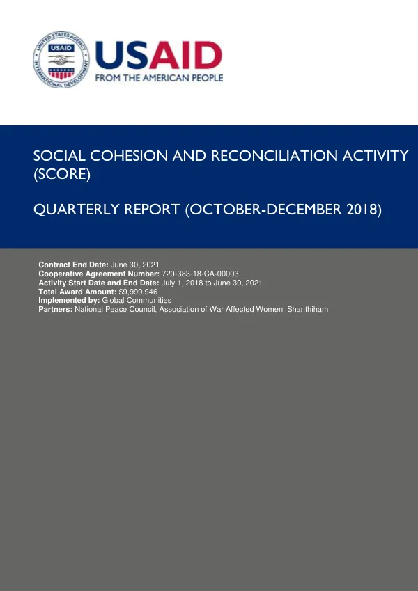 Social Cohesion and Reconciliation Activity (SCORE) Quarterly Report (October-December 2018)