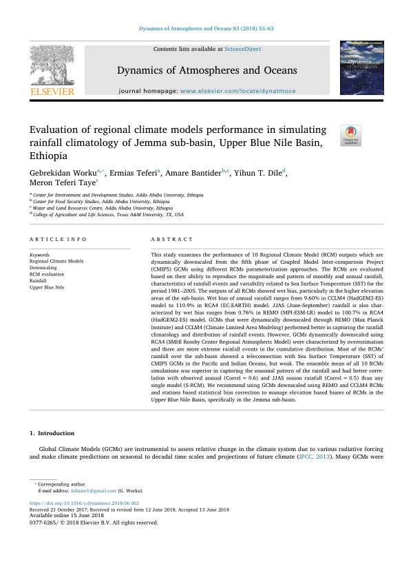 Evaluation of regional climate models performance in simulating rainfall climatology of Jemma sub-basin, Upper Blue Nile Basin, Ethiopia