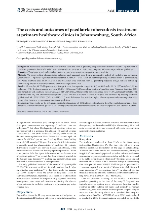 The costs and outcomes of paediatric tuberculosis treatment at primary healthcare clinics in Johannesburg, South Africa