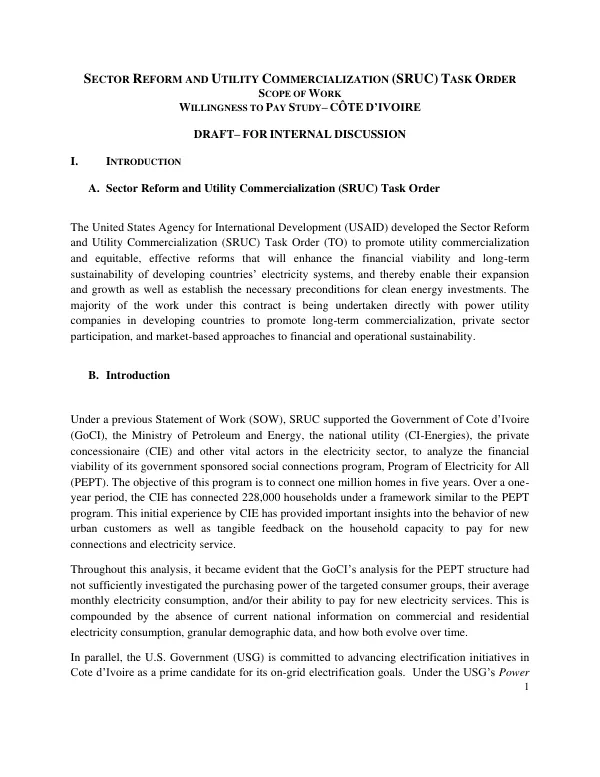 Sector Reform and Utility Commercialization (SRUC) Task Order: Willingness to Pay Study– Côte d’Ivoire