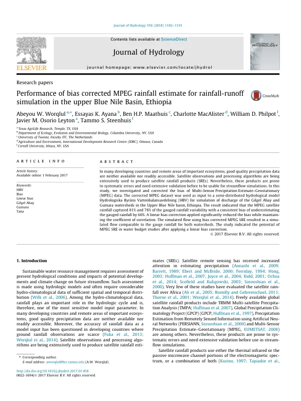 Performance of bias corrected MPEG rainfall estimate for rainfall-runoff simulation in the upper Blue Nile Basin, Ethiopia