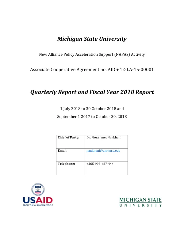 Quarterly and FY 2018 Progress Report: New Alliance Policy Acceleration Support: Malawi (NAPAS: Malawi) Activity