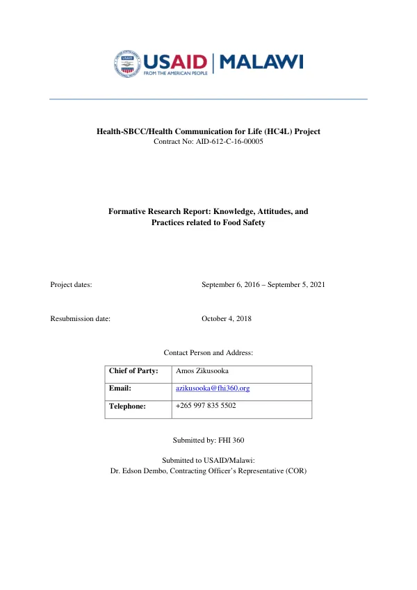 Formative Research Report: Knowledge, Attitudes, and Practices related to Food Safety