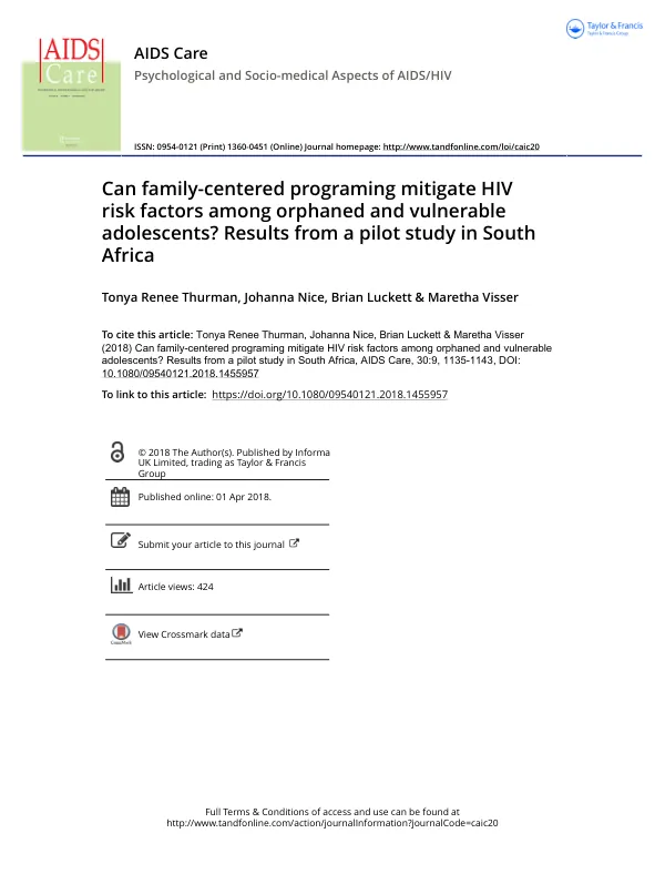 Can family-centered programing mitigate HIV risk factors among orphaned and vulnerable adolescents? Results from a pilot study in South Africa