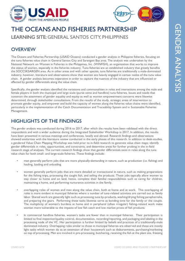 Gender Analysis in Philippine Fisheries: The Oceans and Fisheries Partnership