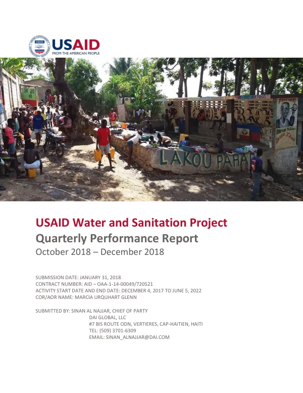 USAID Water and Sanitation Project Quarterly Performance Report October 2018 – December 2018