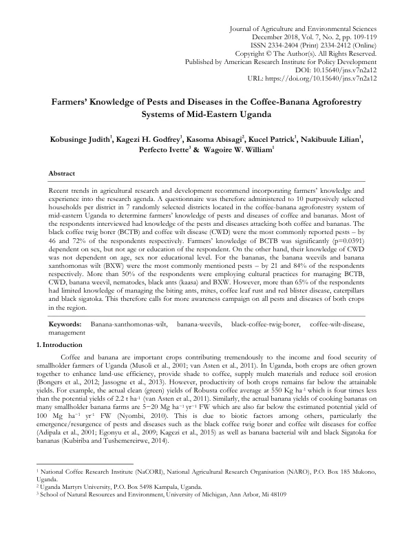 Farmers’ Knowledge of Pests and Diseases in the Coffee-Banana Agroforestry Systems of Mid-Eastern Uganda