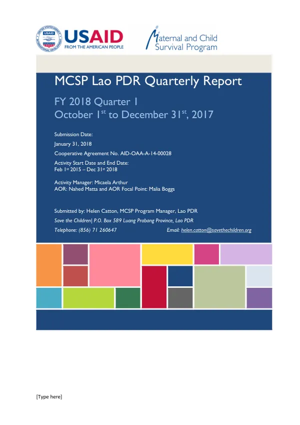 MCSP Lao PDR Quarterly Report FY 2018 Quarter 1