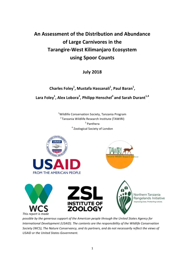 An Assessment of the Distribution and Abundance of Large Carnivores in the Tarangire-West Kilimanjaro Ecosystem using Spoor Counts