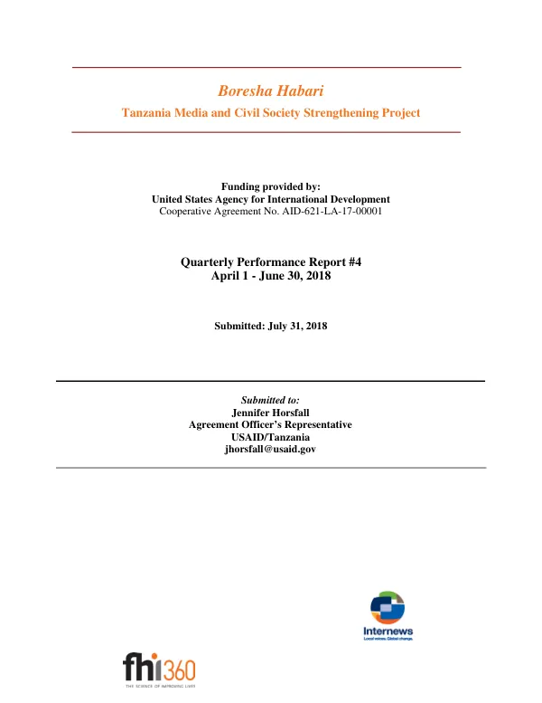 Quarterly Performance Report #4: Boresha Habari/Tanzania Media and Civil Society Strengthening Activity