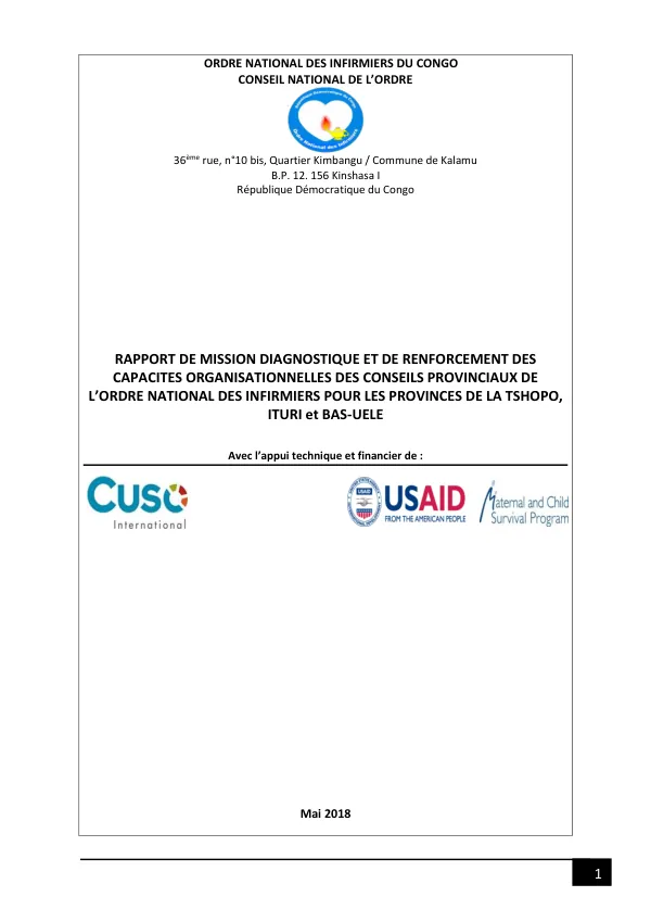 Rapport de Mission Diagnostique et de Renforcement des Capacites Organisationnelles des Conseils Provinciaux de l'Ordre National des Infirmiers du Congo