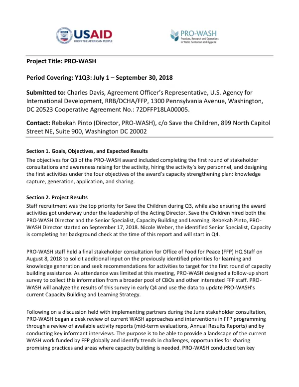 Final Report: PRO-WASH Project Results for Q3, July 1 – September 30, 2018