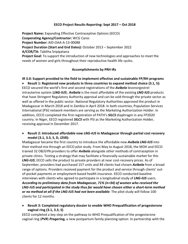 EECO Project Results Reporting: Sept 2017 – Oct 2018