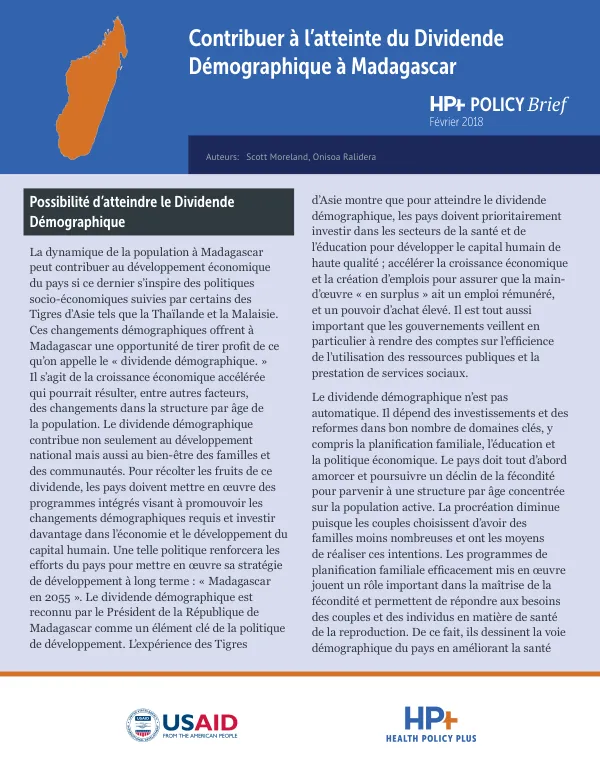 Contribuer à l’atteinte du Dividende Démographique à Madagascar