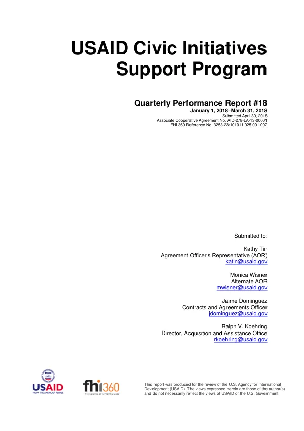 USAID Civic Initiatives Support Program (USAID CIS) – Quarterly Performance Report #18 (January-March 2018)