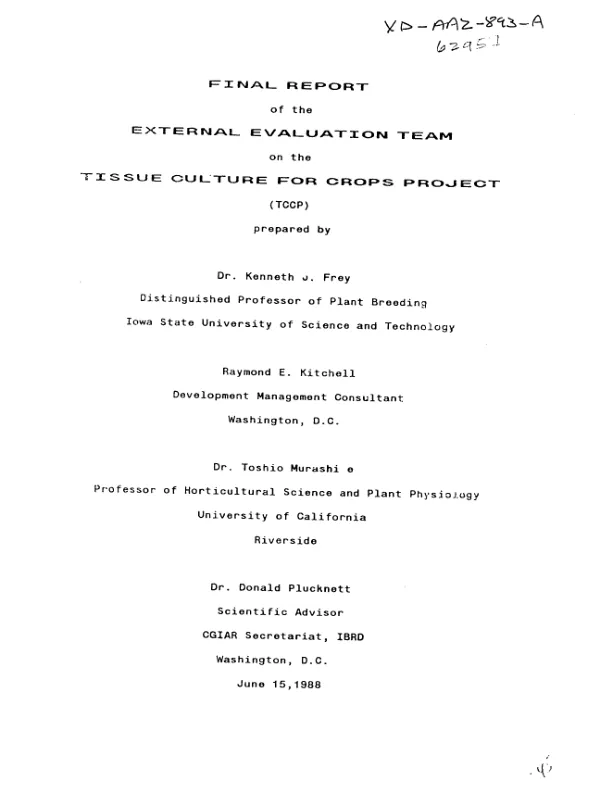 Final report of the external evaluation team on the tissue culture for crops project (TCCP)