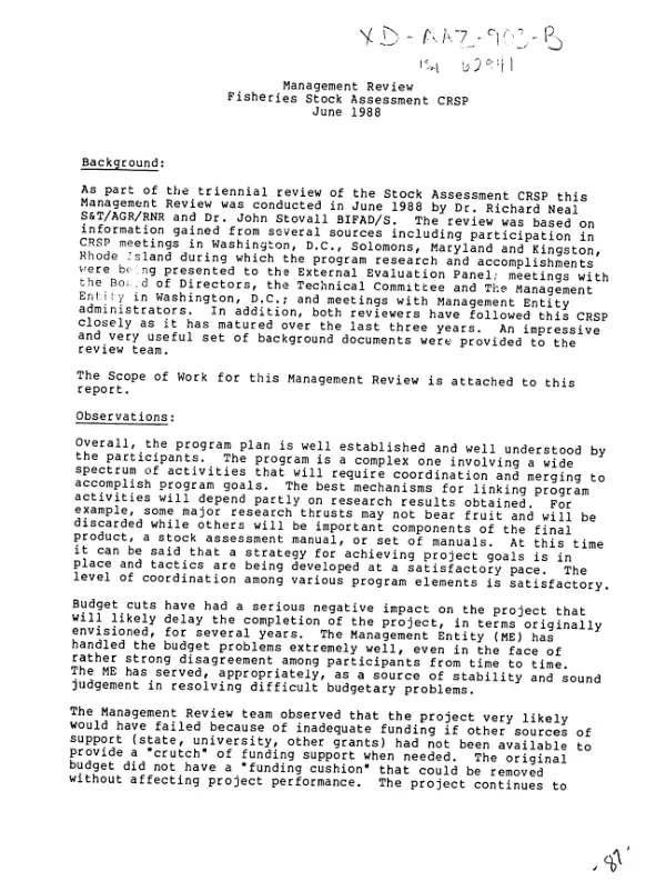 Management review : fisheries stock assessment CRSP