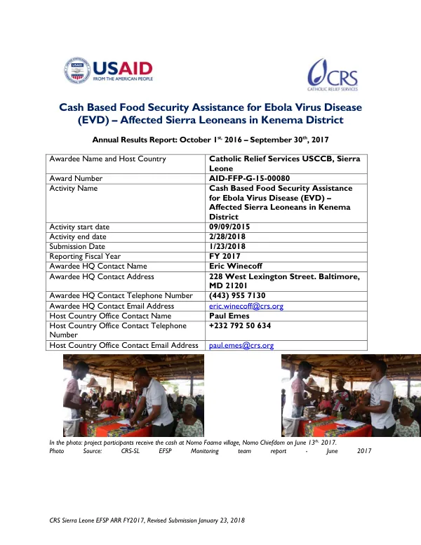 Cash Based Food Security Assistance for Ebola Virus Disease (EVD) – Affected Sierra Leoneans in Kenema District