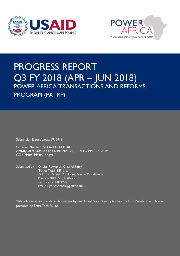 Progress Report Q3 FY 2018: Power Africa Transactions and Reforms Program (PATRP)