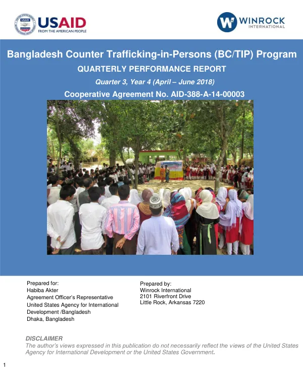 Bangladesh Counter Trafficking-in-Persons (BC/TIP) Program Quarterly Performance Report: Q3, Year 4