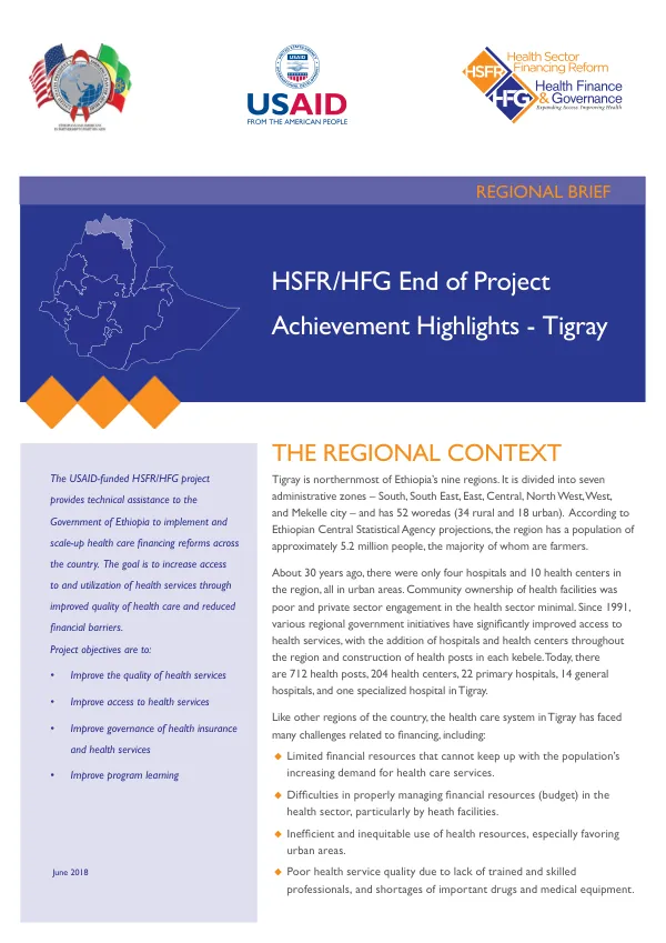 Regional Brief: Health Sector Financing Reform/Health Finance and Governance (HSFR/HFG) Project in Tigray, Ethiopia