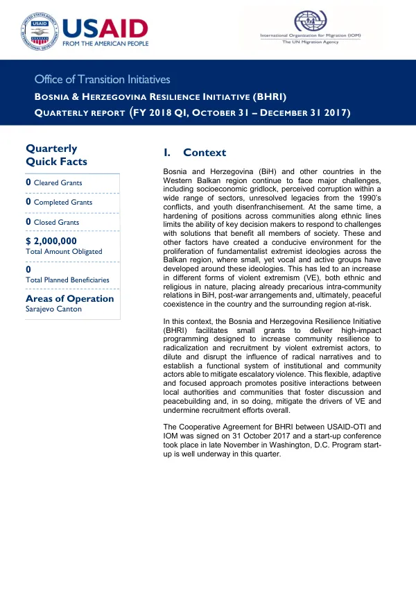BOSNIA & HERZEGOVINA RESILIENCE INITIATIVE (BHRI) QUARTERLY REPORT (FY 2018 Q1, OCTOBER 31 – DECEMBER 31 2018)