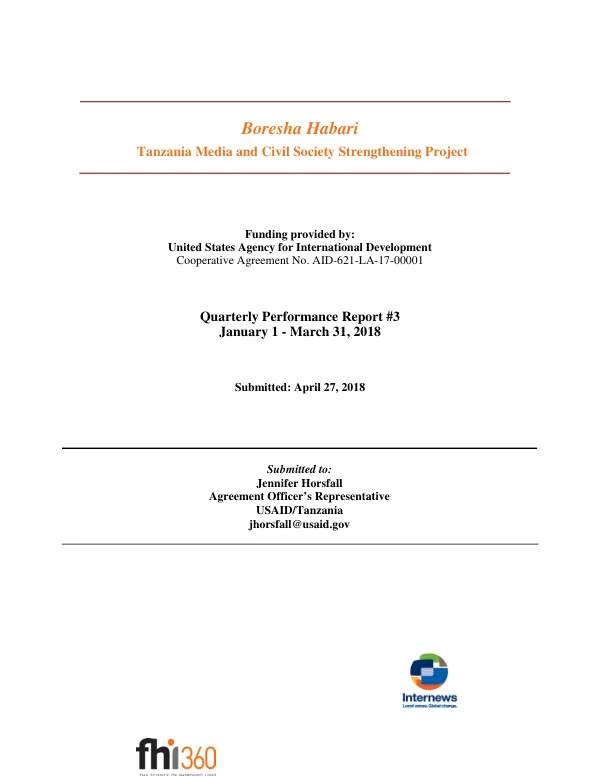 Quarterly Performance Report #3: Boresha Habari/Tanzania Media and Civil Society Strengthening Activity