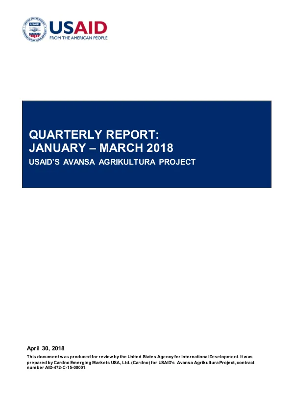 Quarterly Report: January – March 2018, USAID’s Avansa Agrikultura Project