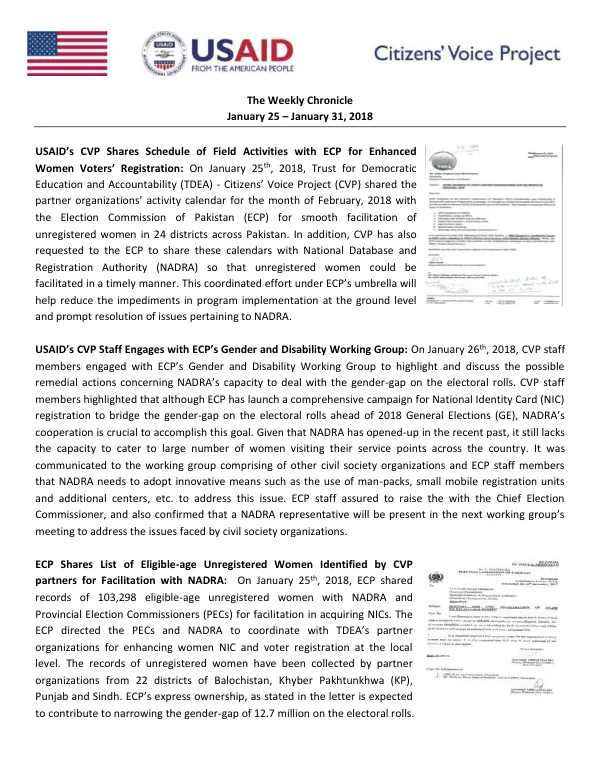USAID’s CVP Continues to Engage with ECP for Accelerating Women Voters’ Registration Campaign