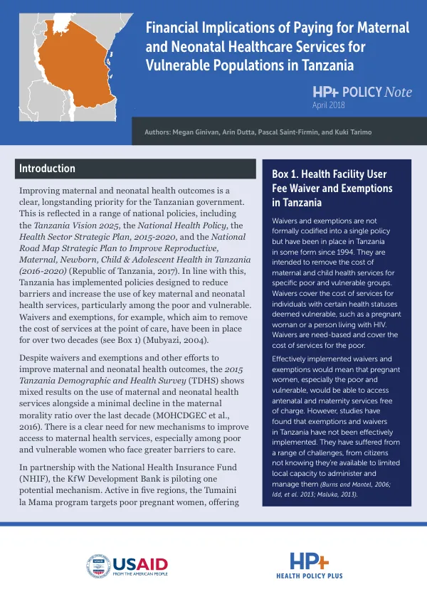 Financial Implications of Paying for Maternal and Neonatal Healthcare Services for Vulnerable Populations in Tanzania
