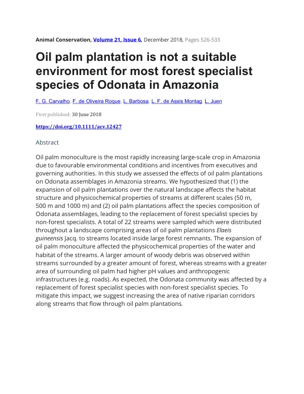 Oil palm monoculture is not a suitable environment for most forest specialist species of Odonata in Amazonia