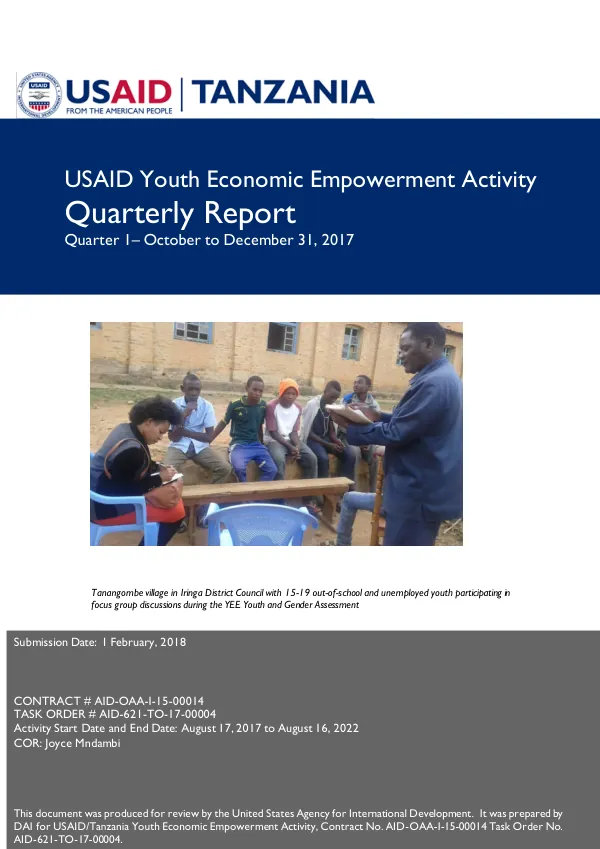 USAID Youth Economic Empowerment Activity Quarterly Report: October - December 2017