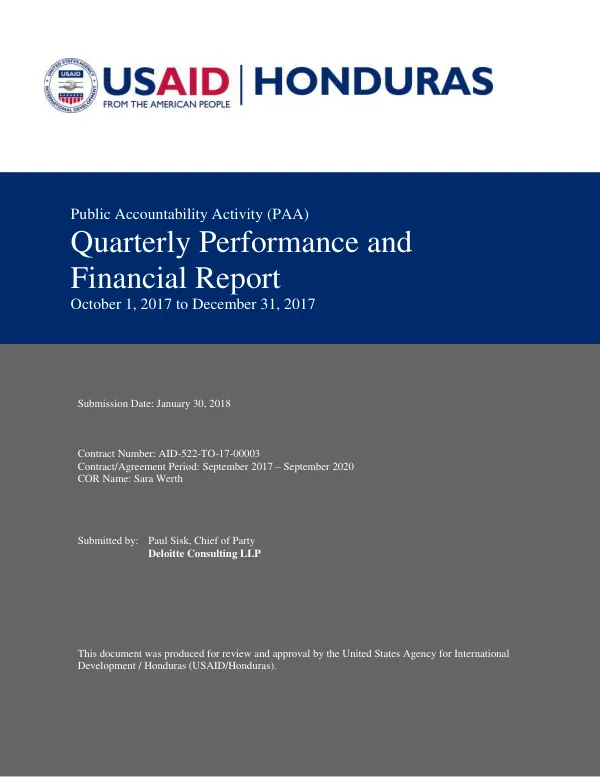 Quarterly Performance and Financial Report: Public Accountability Activity (PAA) in Honduras