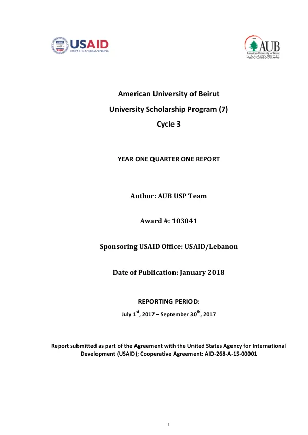 YEAR ONE QUARTER ONE REPORT: American University of Beirut University Scholarship Program (7) Cycle 3