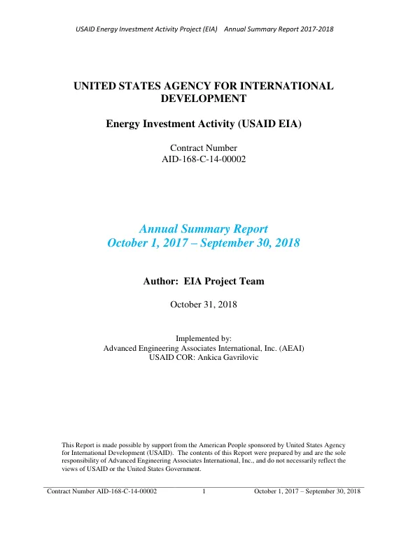 USAID Energy Investment Activity Project (EIA) Annual Summary Report 2017-2018